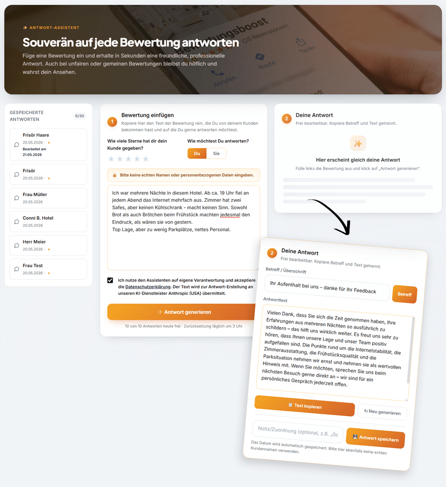 Antwort-Assistent: eine KI generiert vollautomatisch eine passende, souveräne Antwort auf eine Google-Bewertung, frei editierbar und als Vorlage speicherbar