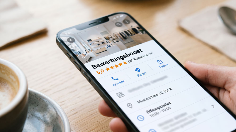 Gebrandete Feedback-Seite auf dem Smartphone, die zufriedene Kunden zum Google-Profil mit 5,0 Sternen führt
