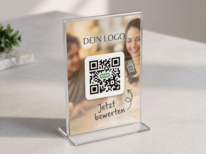 Thekenaufsteller mit QR-Code für Google-Bewertungen, gestaltet mit den Bewertungsboost-Druckvorlagen
