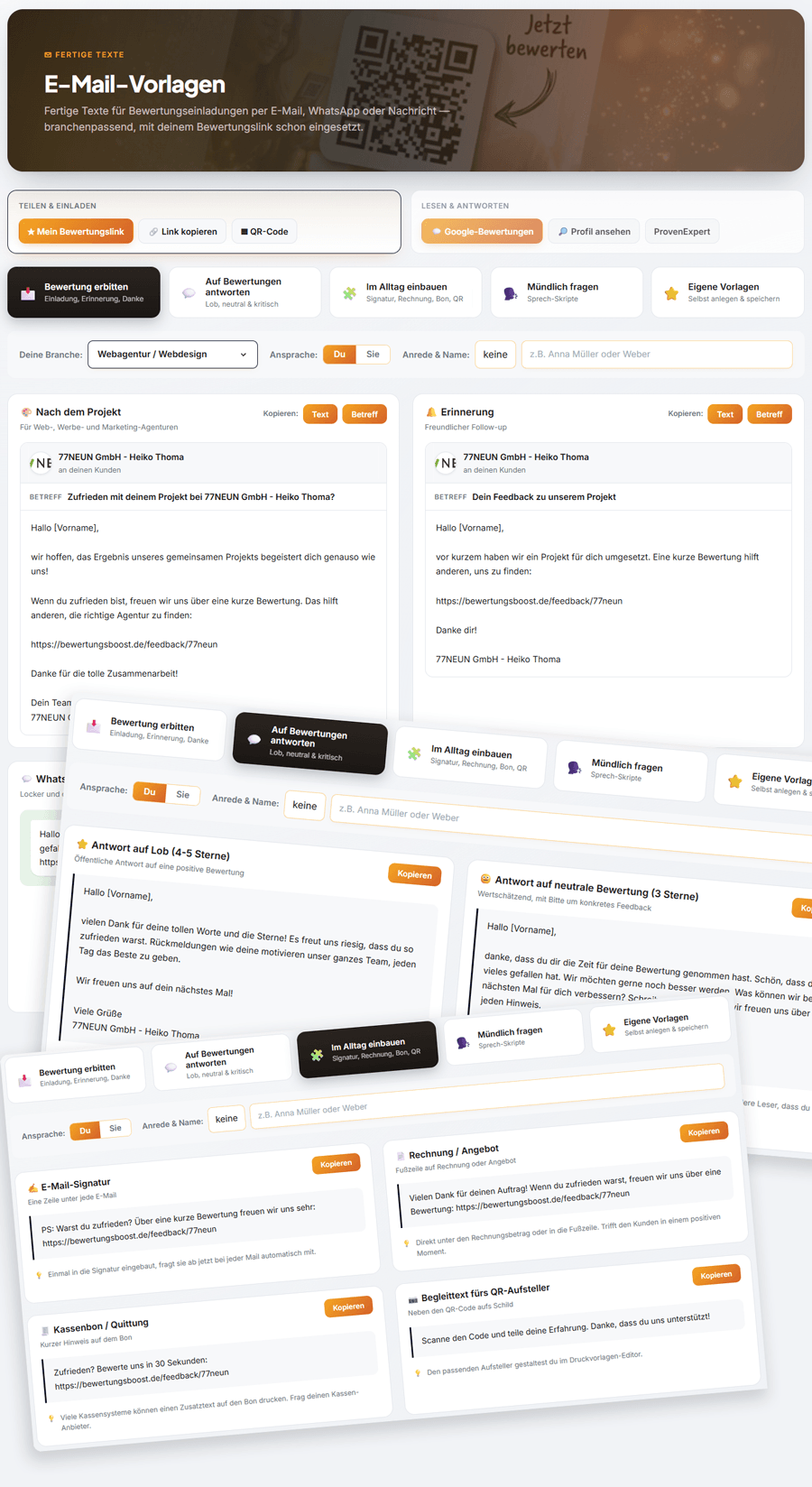 Branchenspezifische E-Mail-Vorlagen im Kunden-Dashboard, fertig zum Kopieren mit Betreff und Text