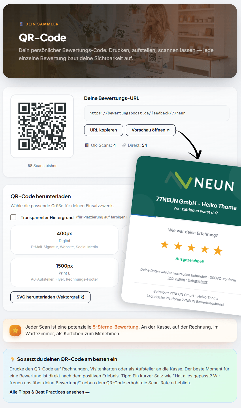 QR-Code-Generator im Kunden-Dashboard: dein persönlicher QR-Code zur Feedback-Seite in mehreren Größen